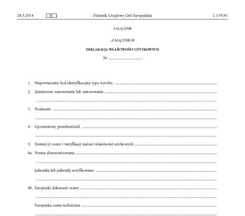 Deklaracja właściwości użytkowych “Dziennika Urzędowy Unii Europejskiej”. Rozporządzenie z dnia 21 lutego 2014 r.